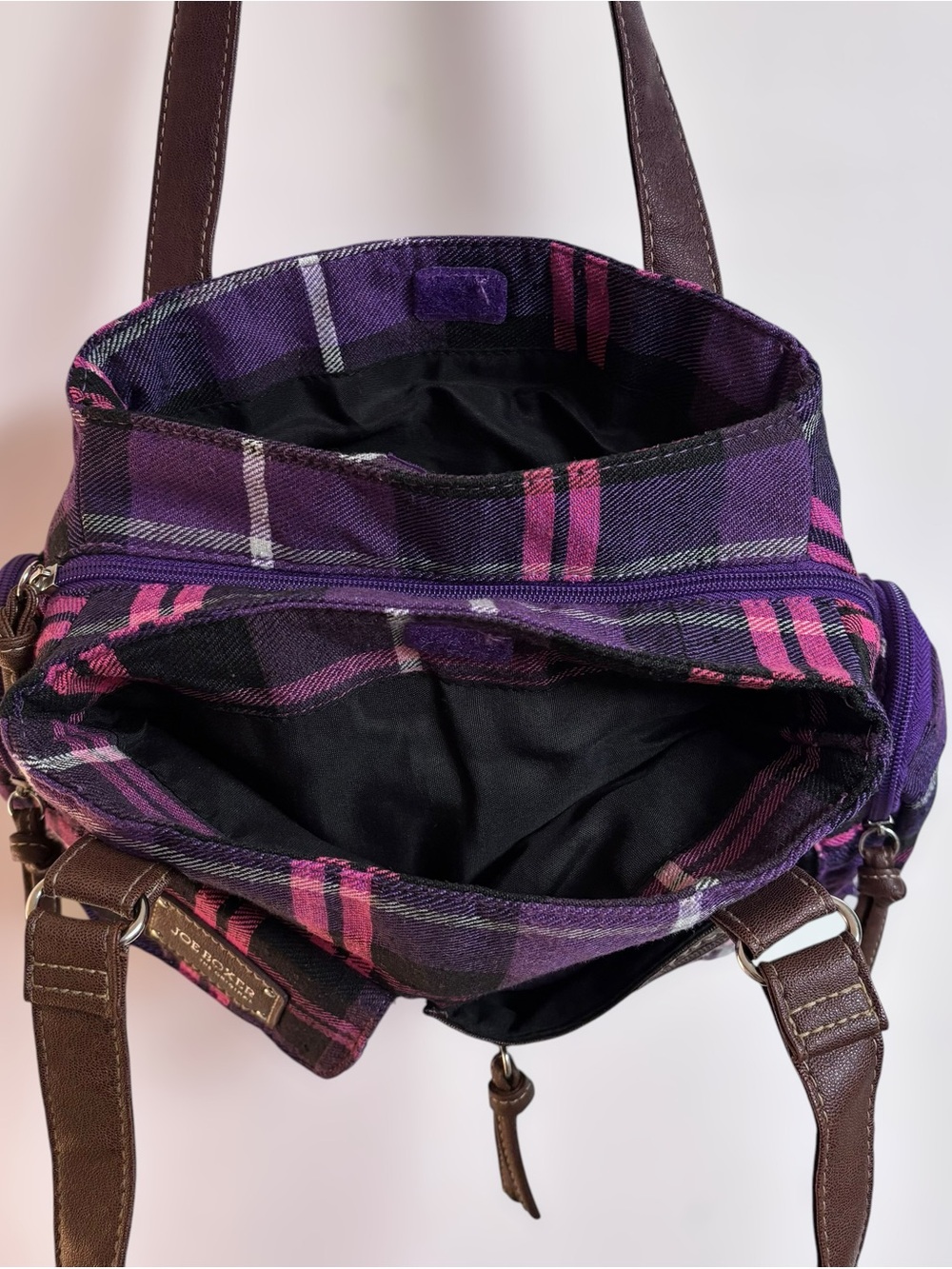 Joe Boxer Purple Plaid Bowler Bag with Brown Trim - Picture 5 of 9
